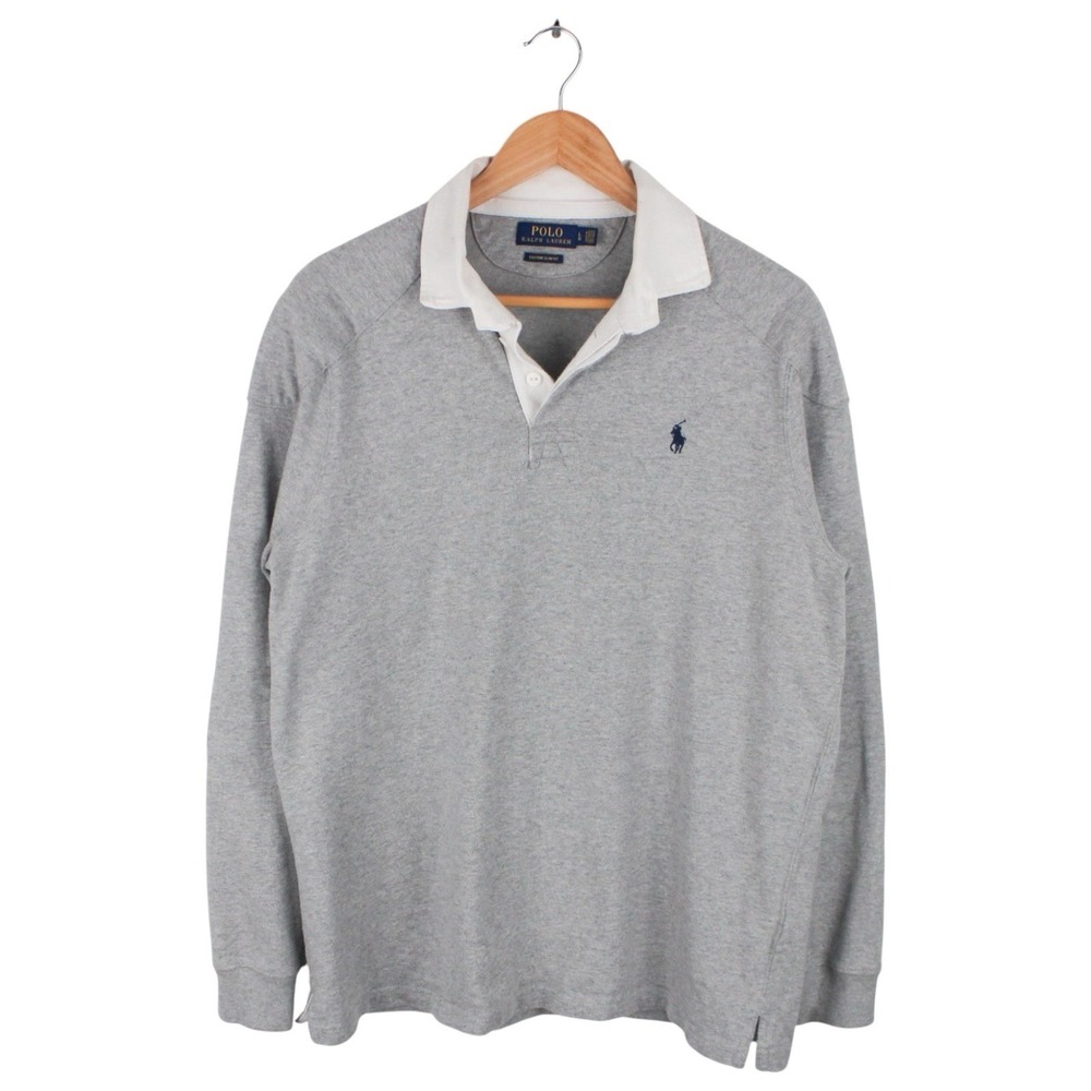 Polo Ralph Lauren Custom Slim Fit Rugby Shirt Gray White Long Sleeve Men's Lg